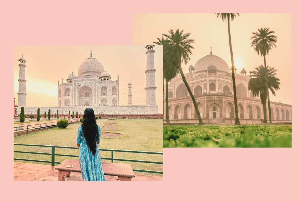 Preethi, with long hair, looking at Taj Mahal from behind