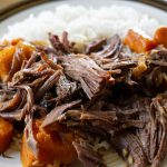Plate of beef shoulder roast with rice
