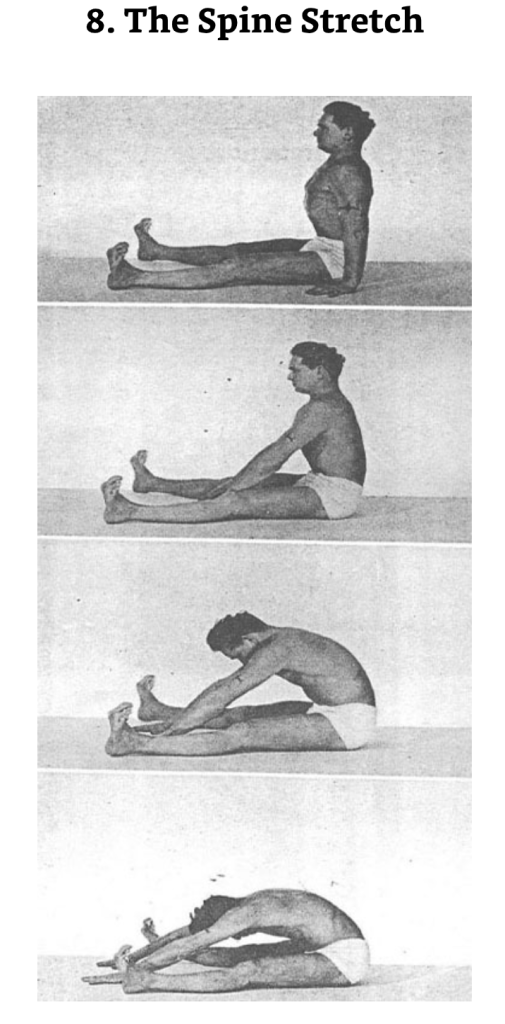The spine stretch from the Pilates repertoire helps build a healthy spine