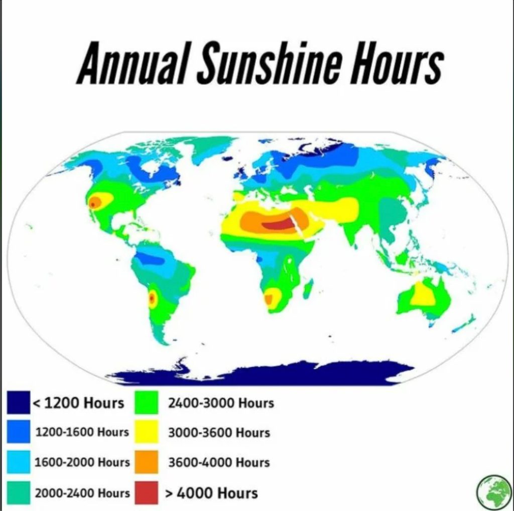 Annual sunshine hours by country, including India